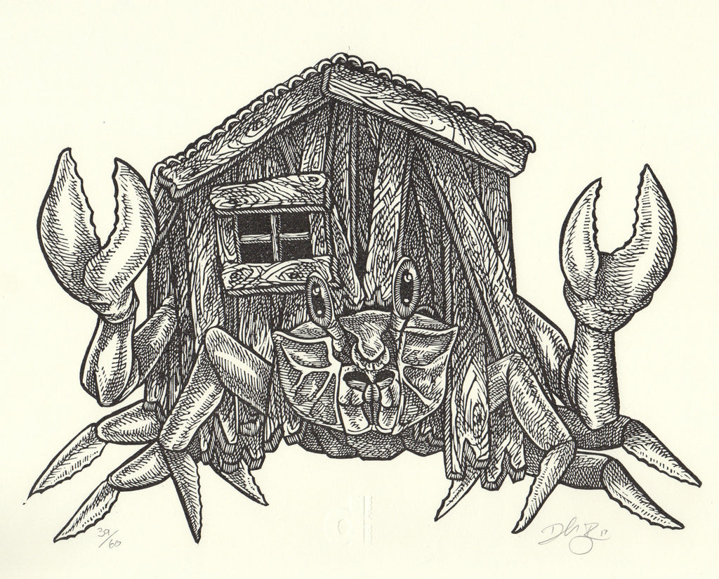Crab House print of a crab with a house as its shell by dRock Press