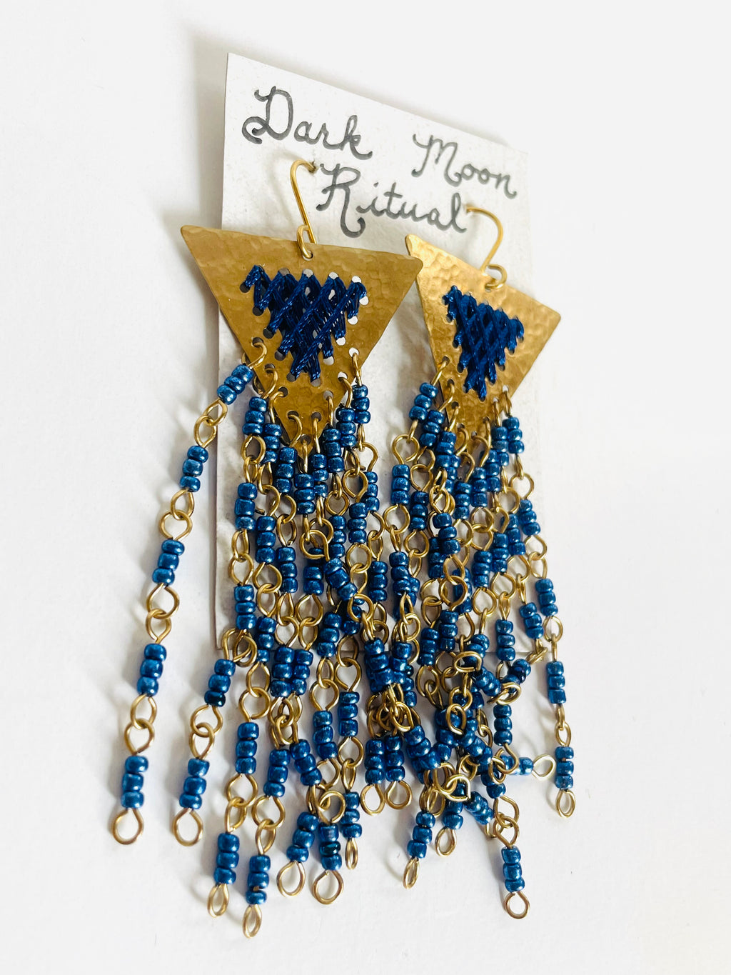 Dark Moon Ritual - Brass Triangle w/ Beads+Thread Earrings