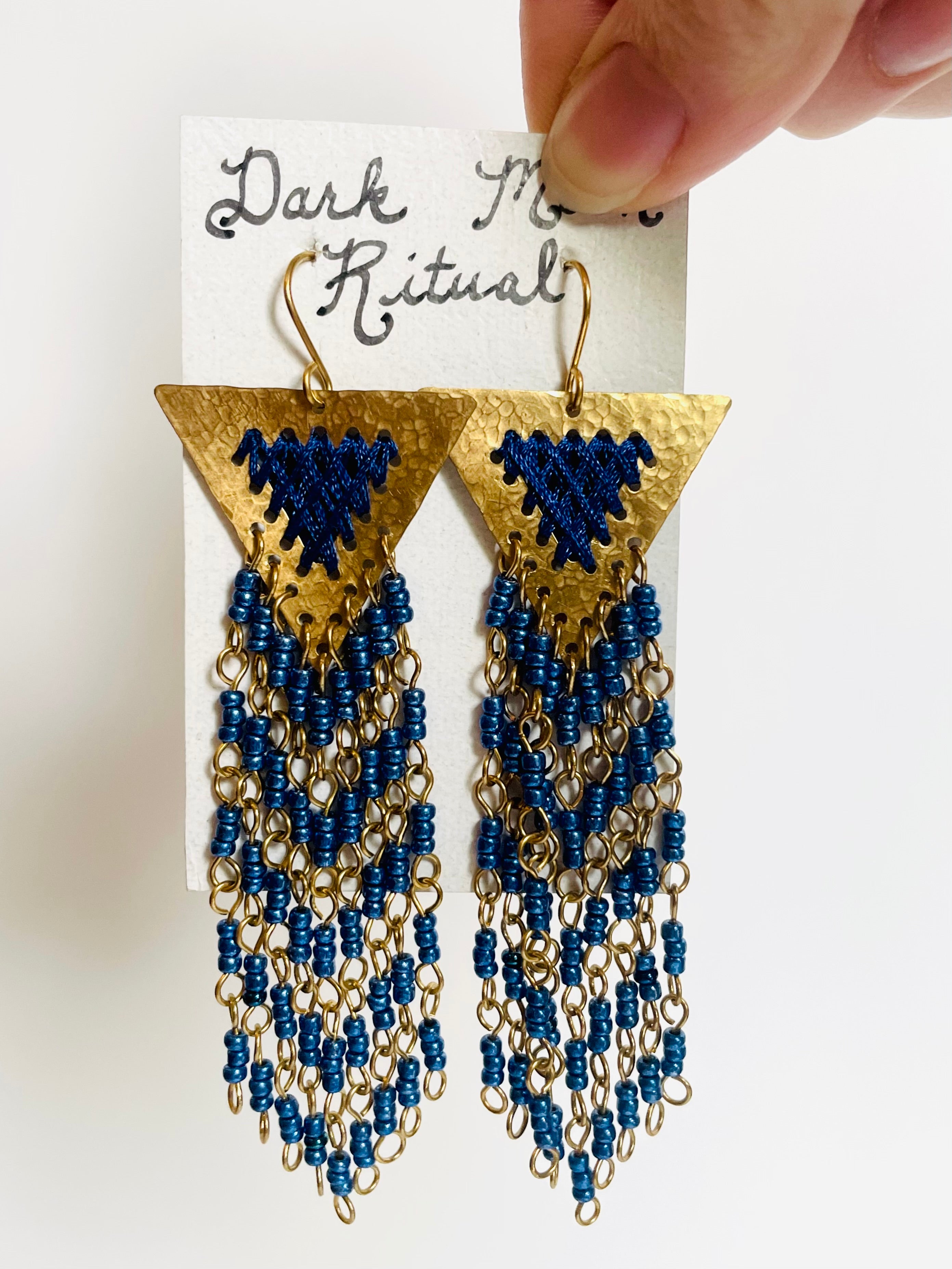 Dark Moon Ritual - Brass Triangle w/ Beads+Thread Earrings