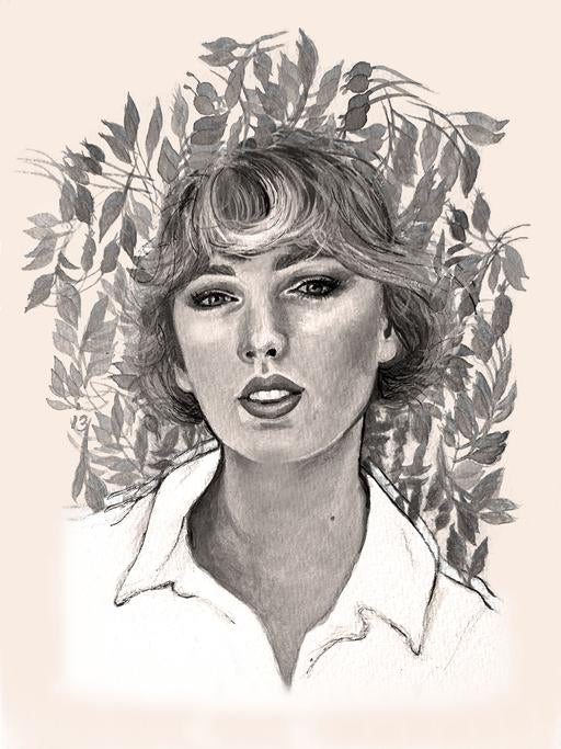 Taylor Swift Watercolor Print in Black and White by Bri Bowers
