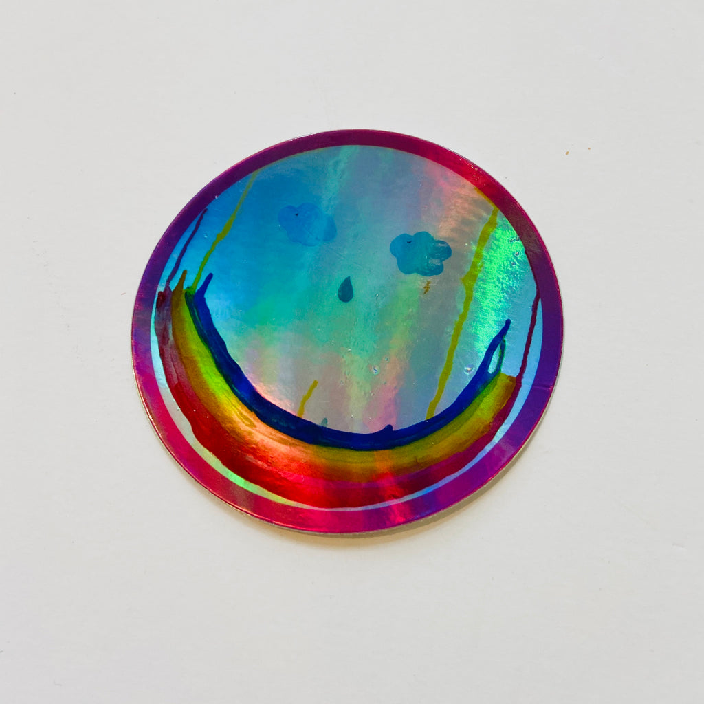 raindrop cloud eye with rainbow mouth smiley face holographic sticer